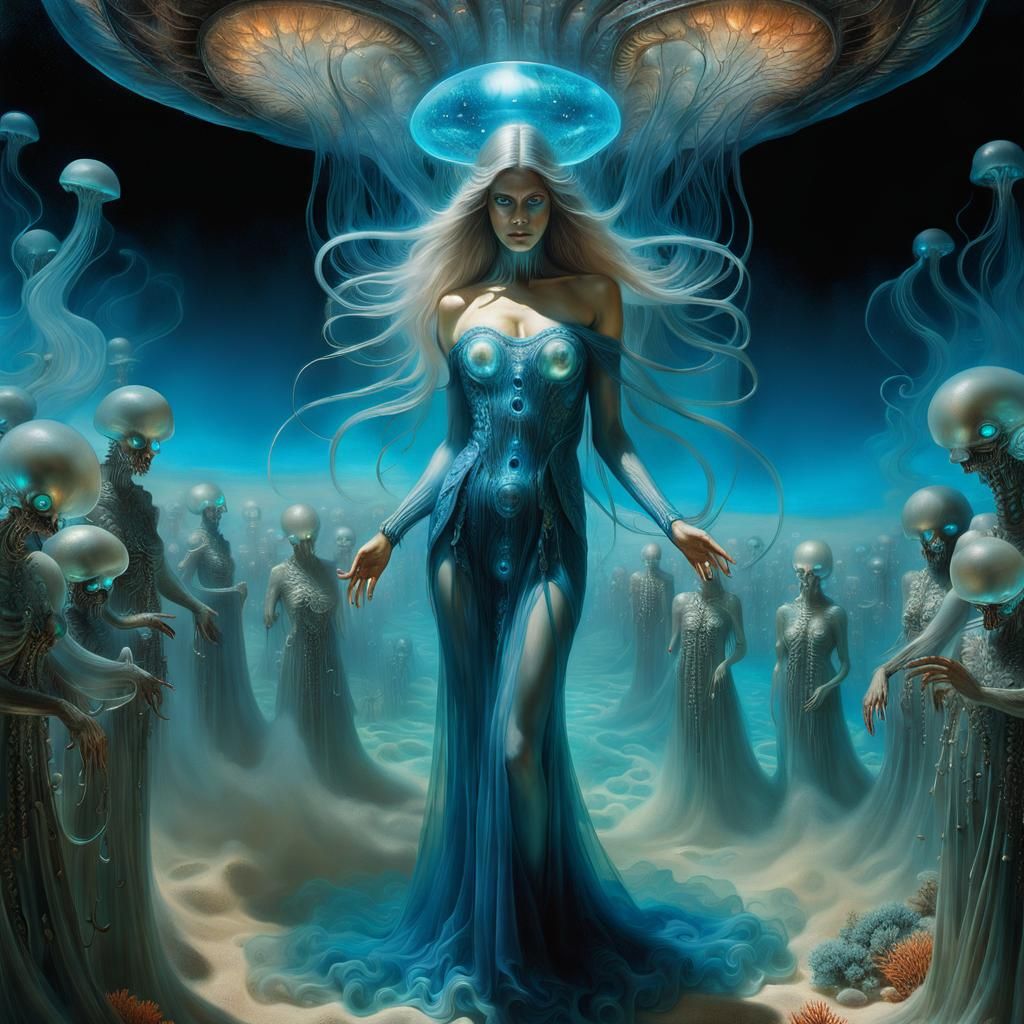 Bioluminescent Crystal Demon Emergence in Giger Style