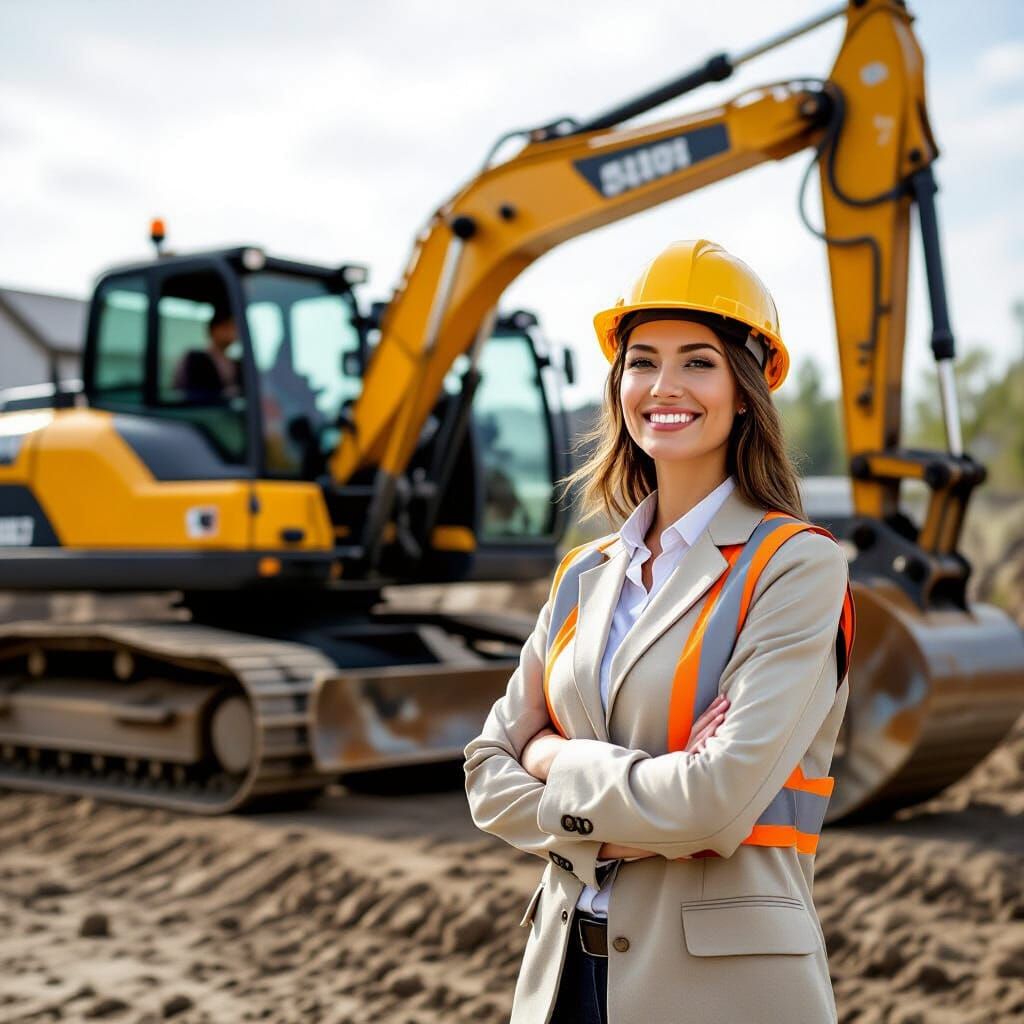 Businesswoman in Hard Hat by Backhoe
