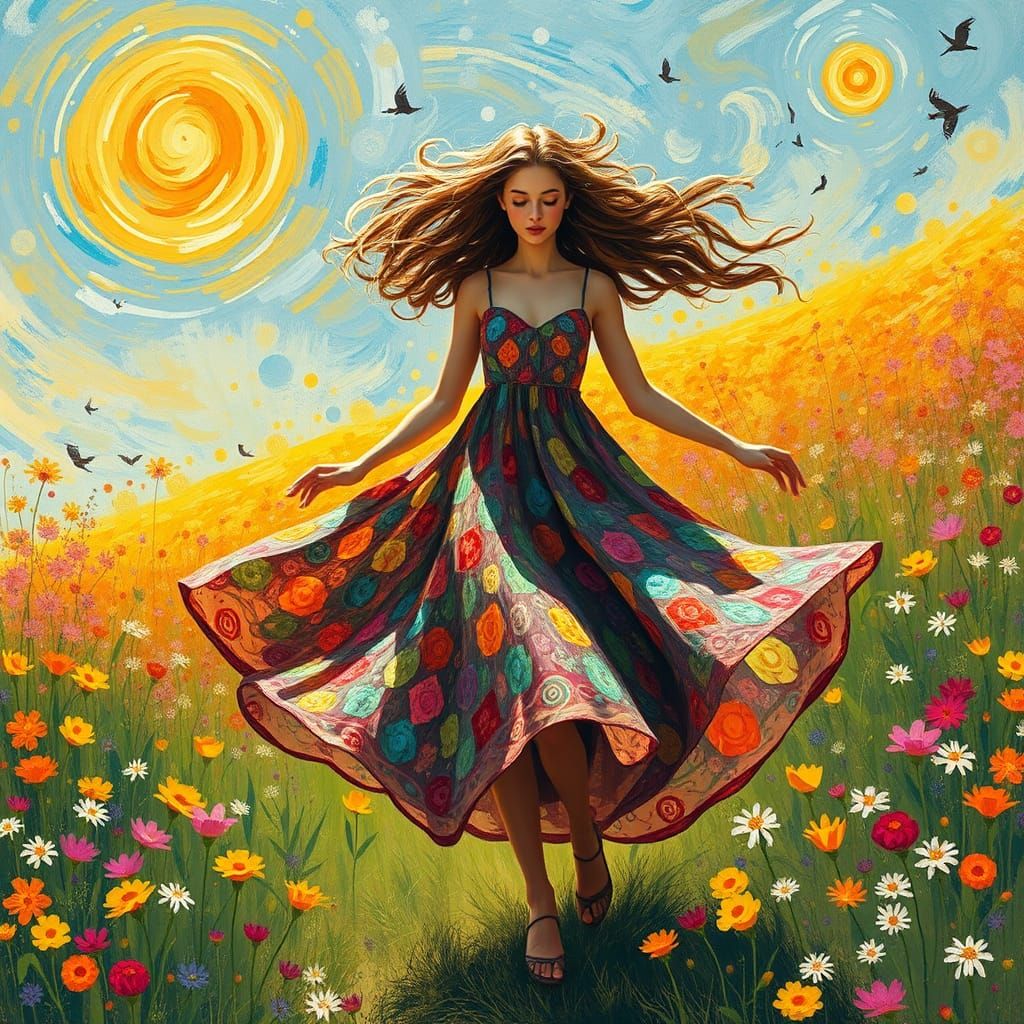 Woman Dancing in Meadow: Van Gogh-Inspired Art