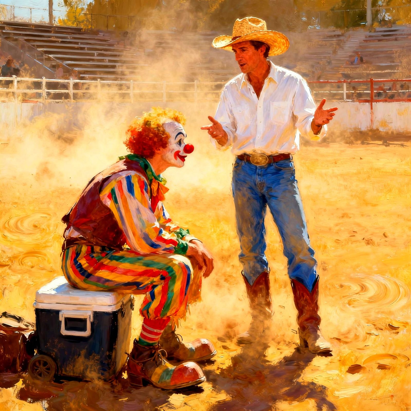 Cowboy Tells Story to Clown at Rodeo, Impressionistic Oil Pa...