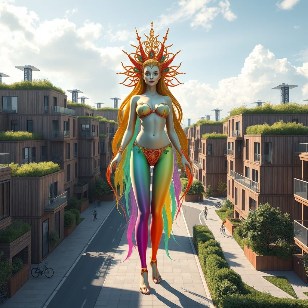 Rainbow Goddess in Futuristic Eco-Friendly City