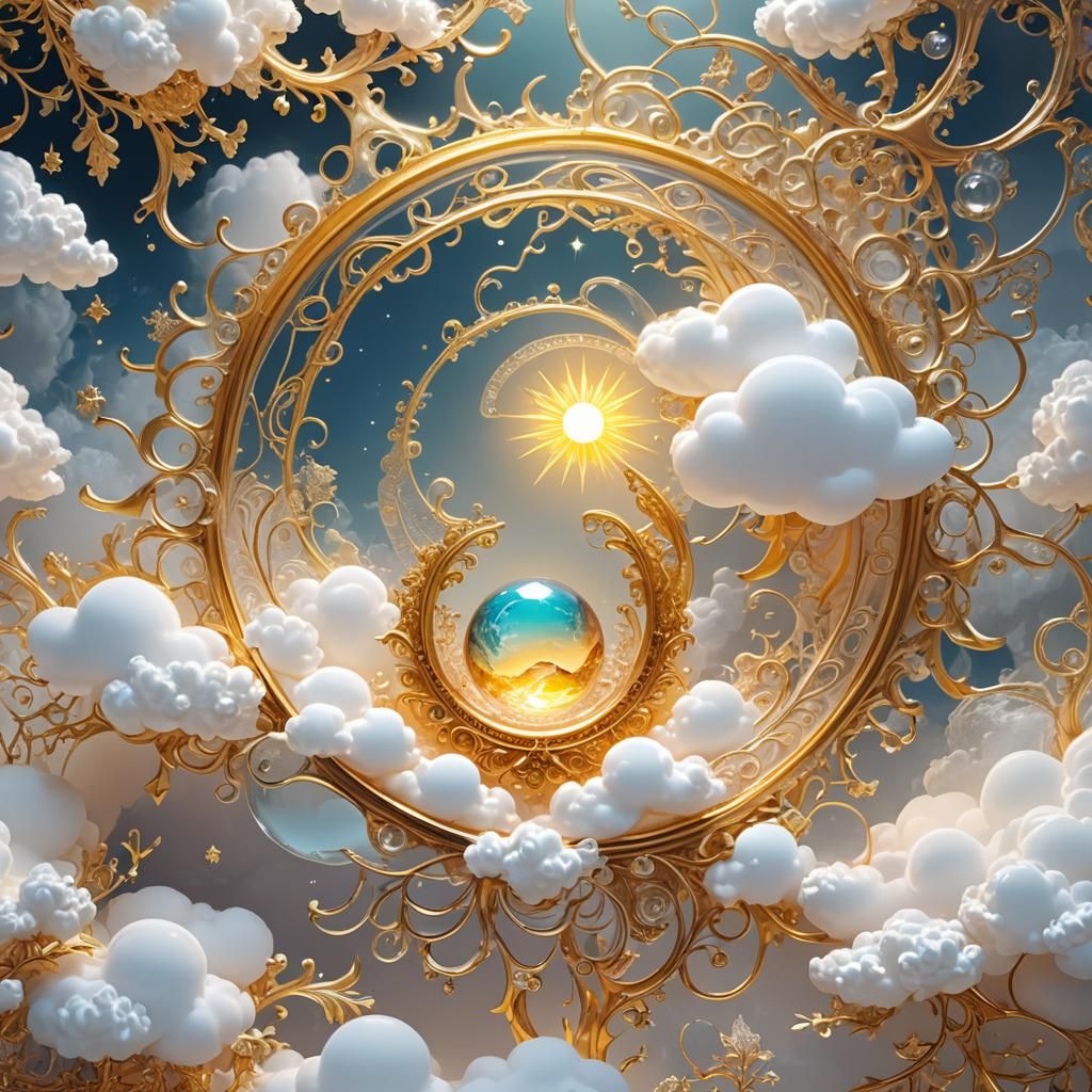 Golden Sun Sleeps on Cloud in Sci-Fi Style