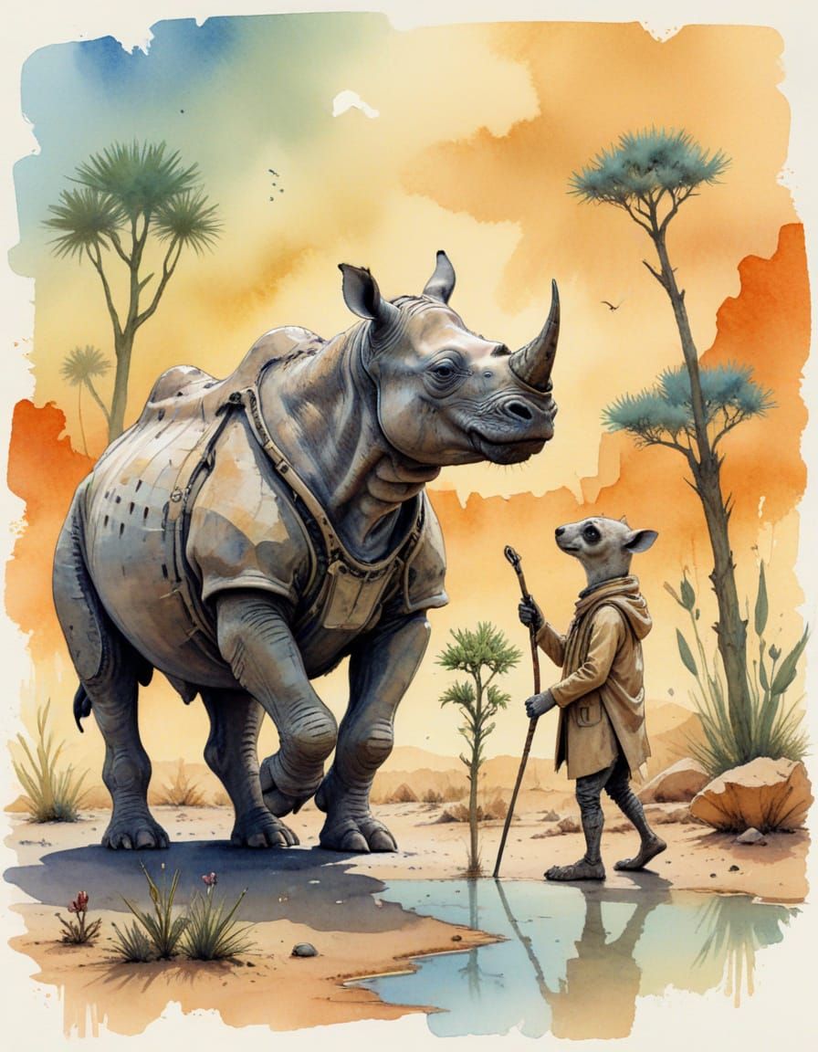 Cyborg Rhino & Meerkat Friends in Sketch Art
