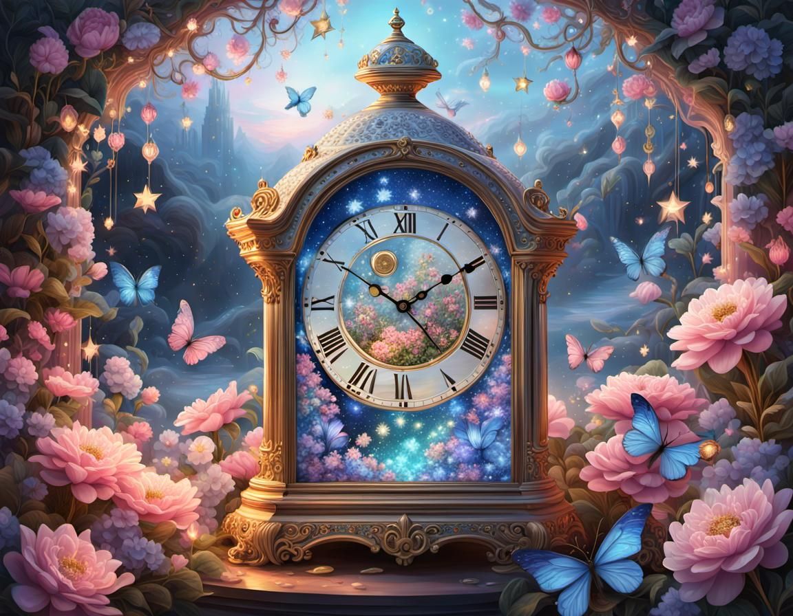 Intricate Crystal Time Piece with Fantasy Spring Scene