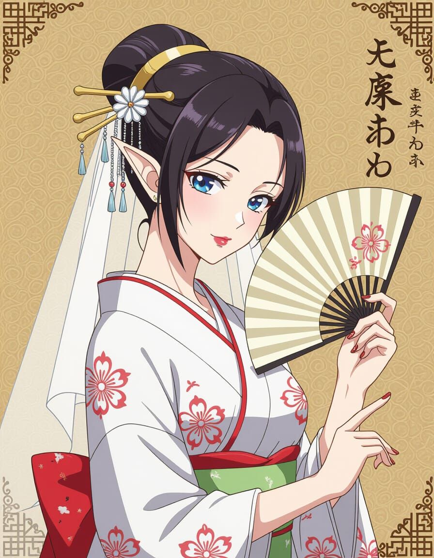 Elegant Anime Lady with Pointy Ears Holding Fan