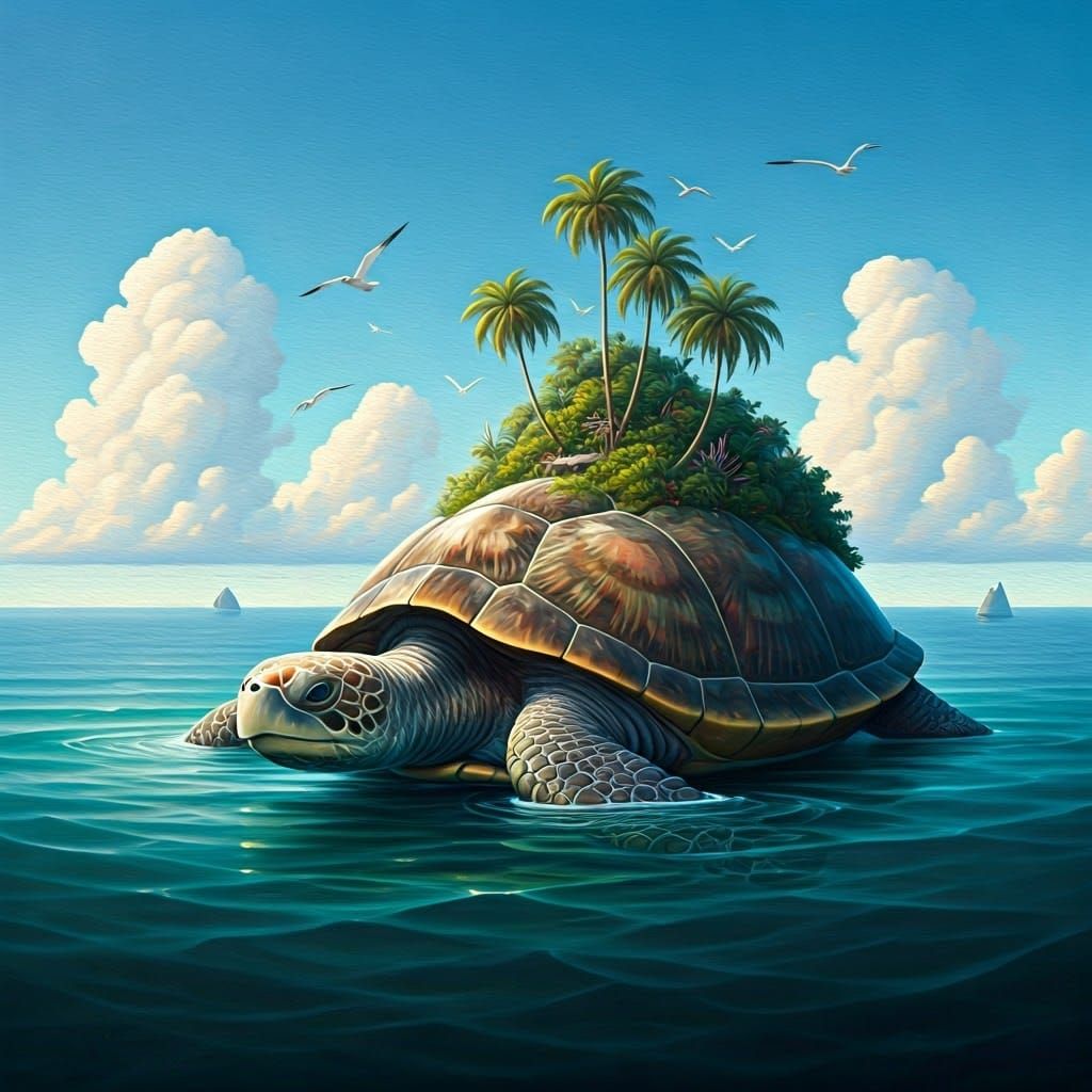 Island Turtle in Tropical Sea: Oil Painting
