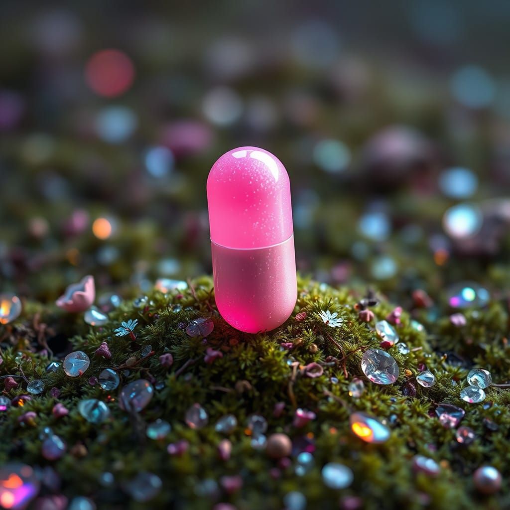 Surreal Landscape of Vibrant Bloom and Glowing Pill