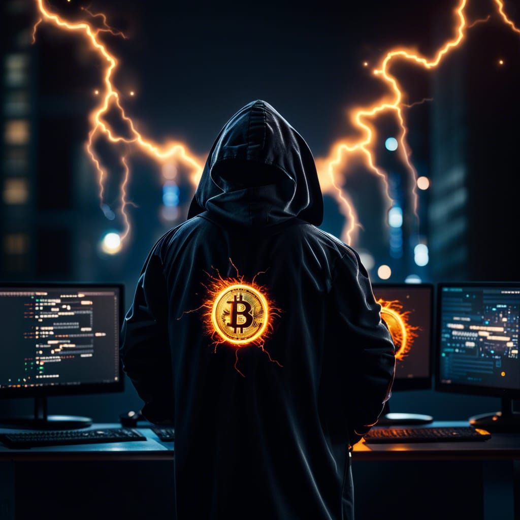 Hacker in Dark City with Bitcoin Logo