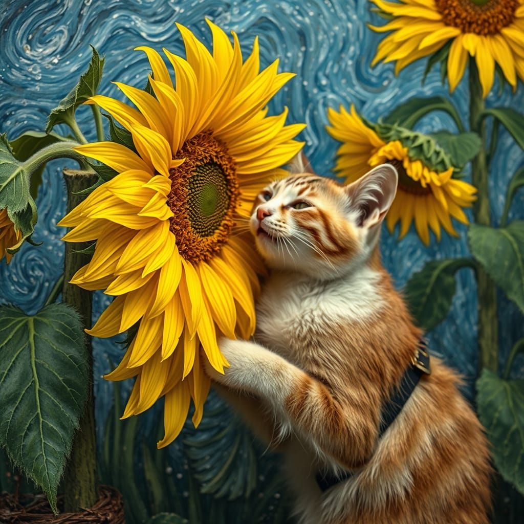 Cat Attacks Sunflowers in Van Gogh Style