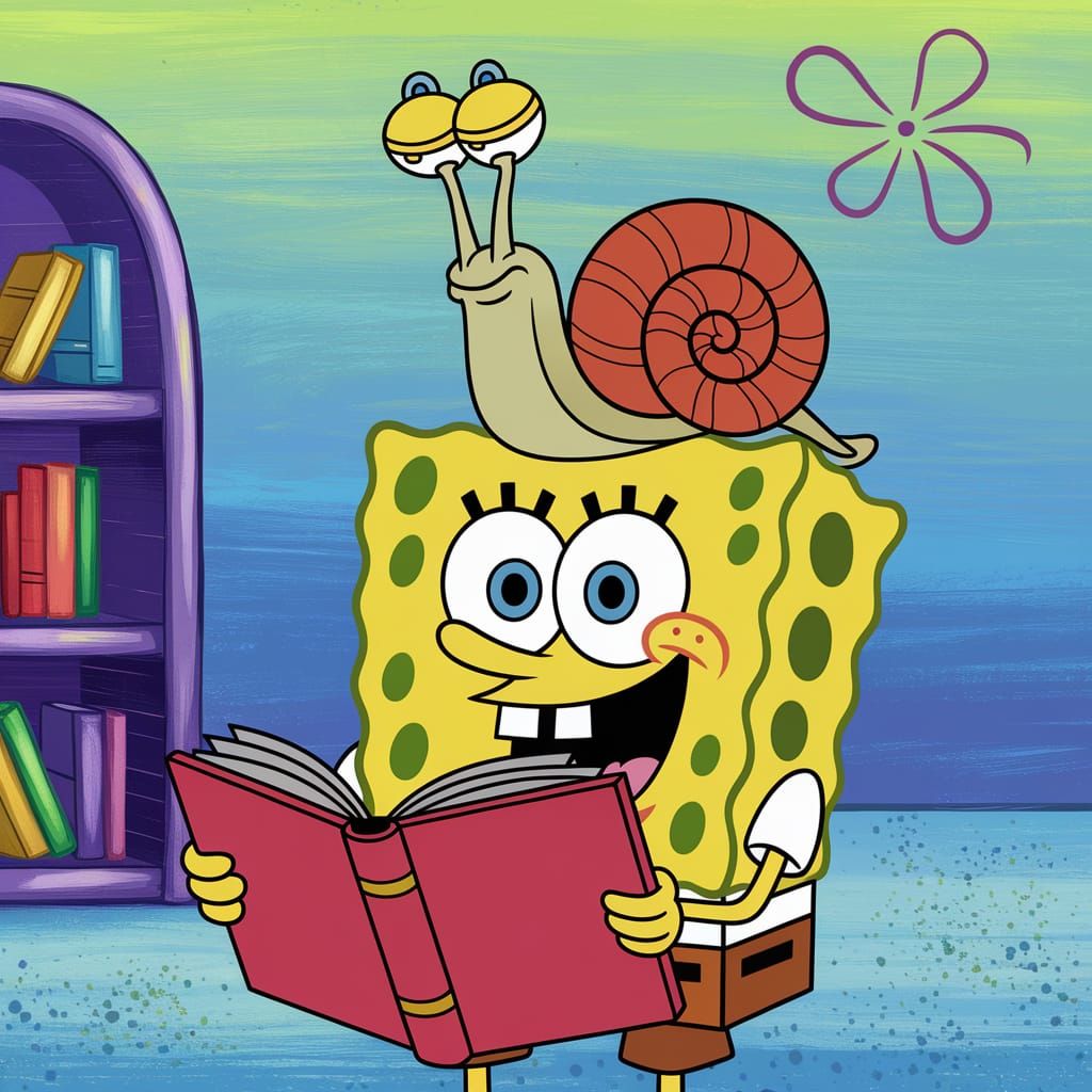 Spongebob and Gary Reading a Book