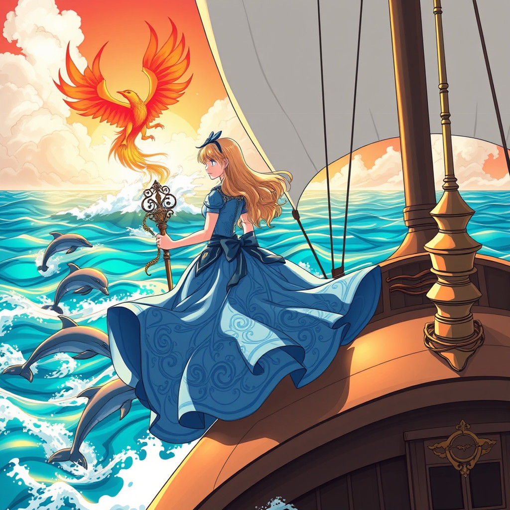 Anime-Style Alice on a Boat with Phoenix