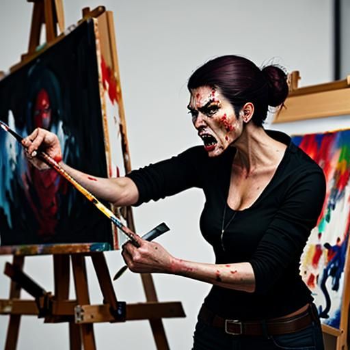 Furious Woman Paints an Angry Painting
