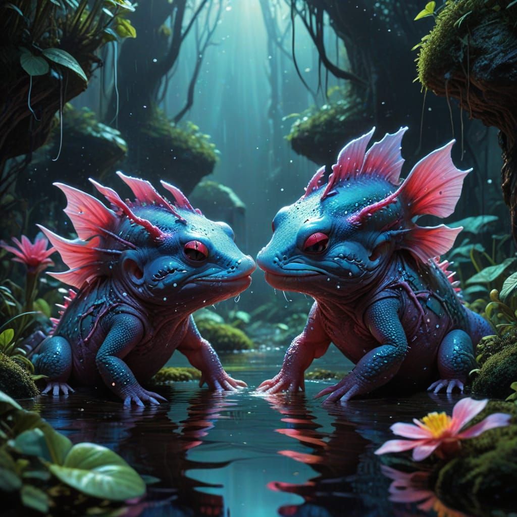 Axolotls in a Romantic Embrace, Inspired by Comic Book Art