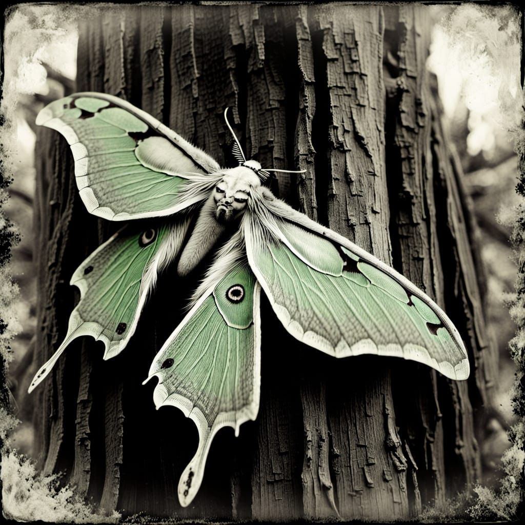 Luna Moth on Decaying Wood in Antique Glitch Style