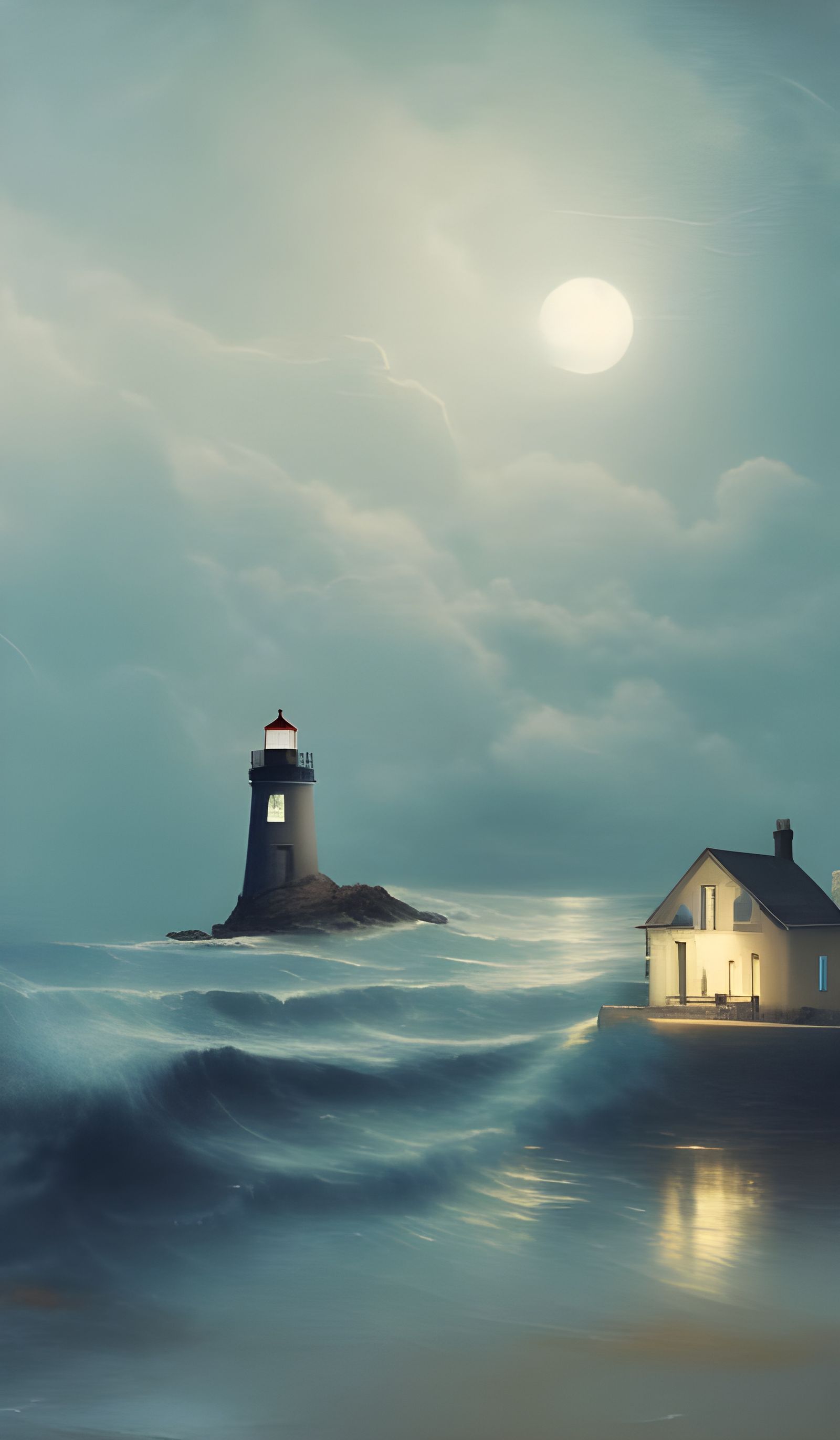 Active Lighthouse at Night Under Moonlight