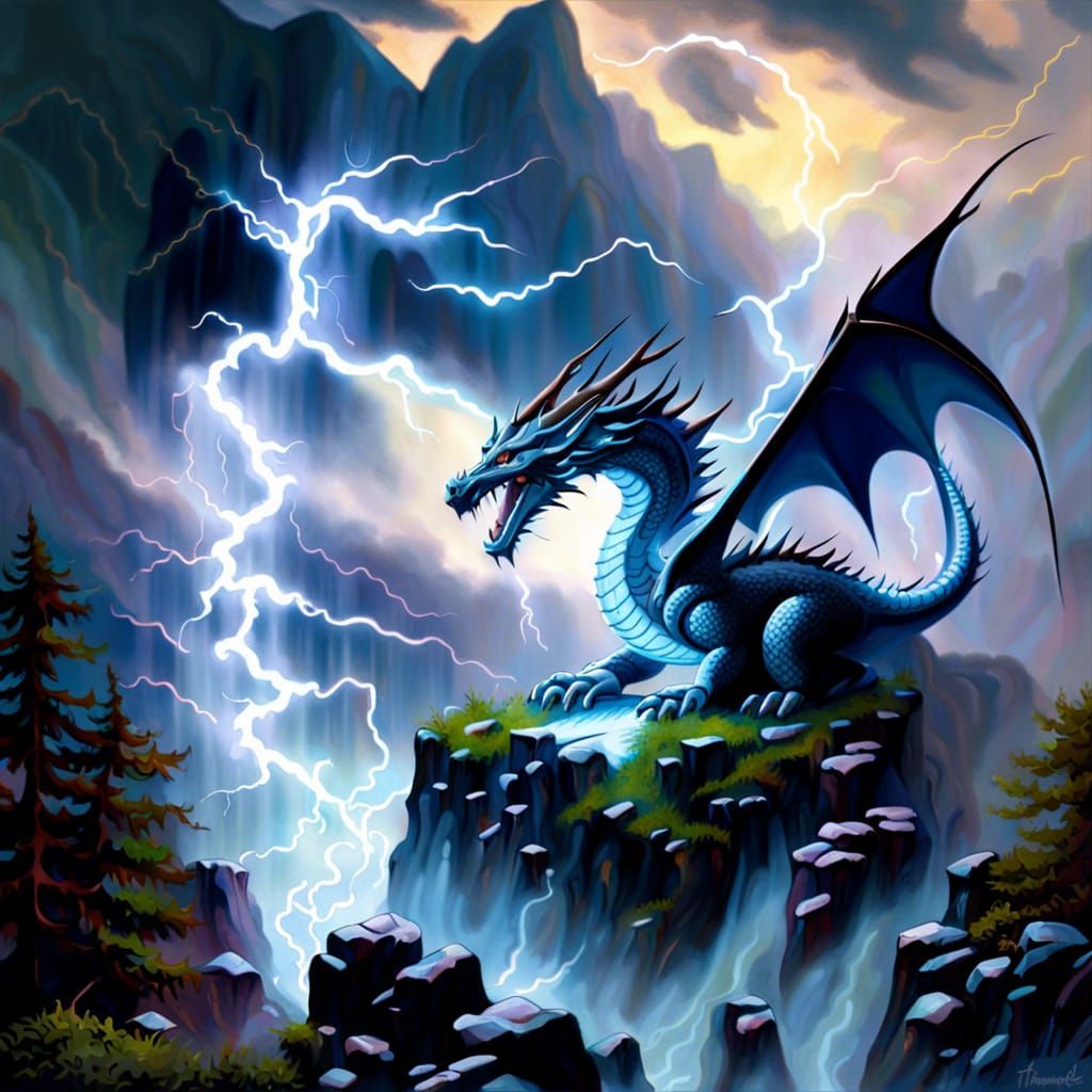 Ethereal Lightning Dragon in Fantasy Landscape
