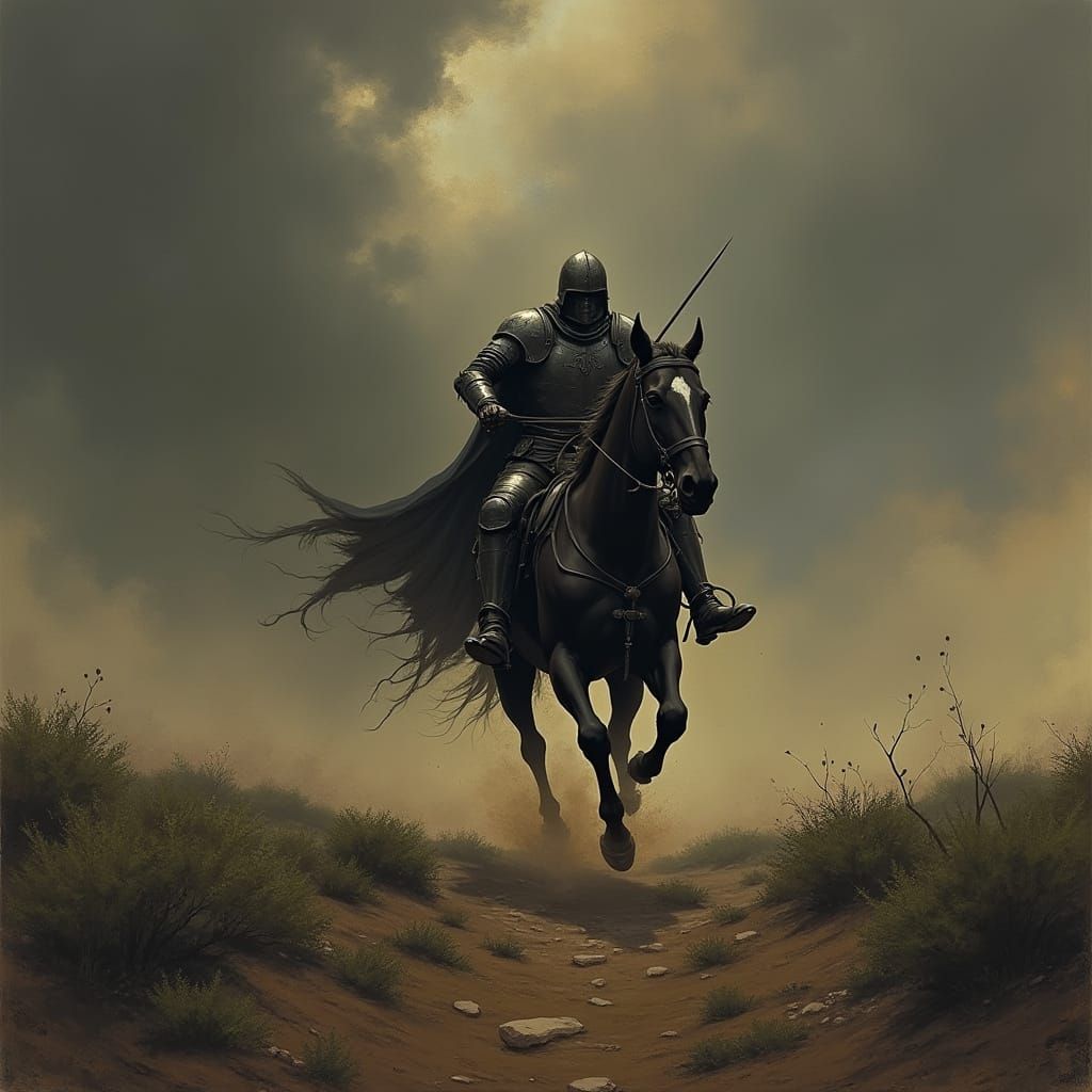 Dark Knight on Horseback Rides into Dark Fantasy Landscape