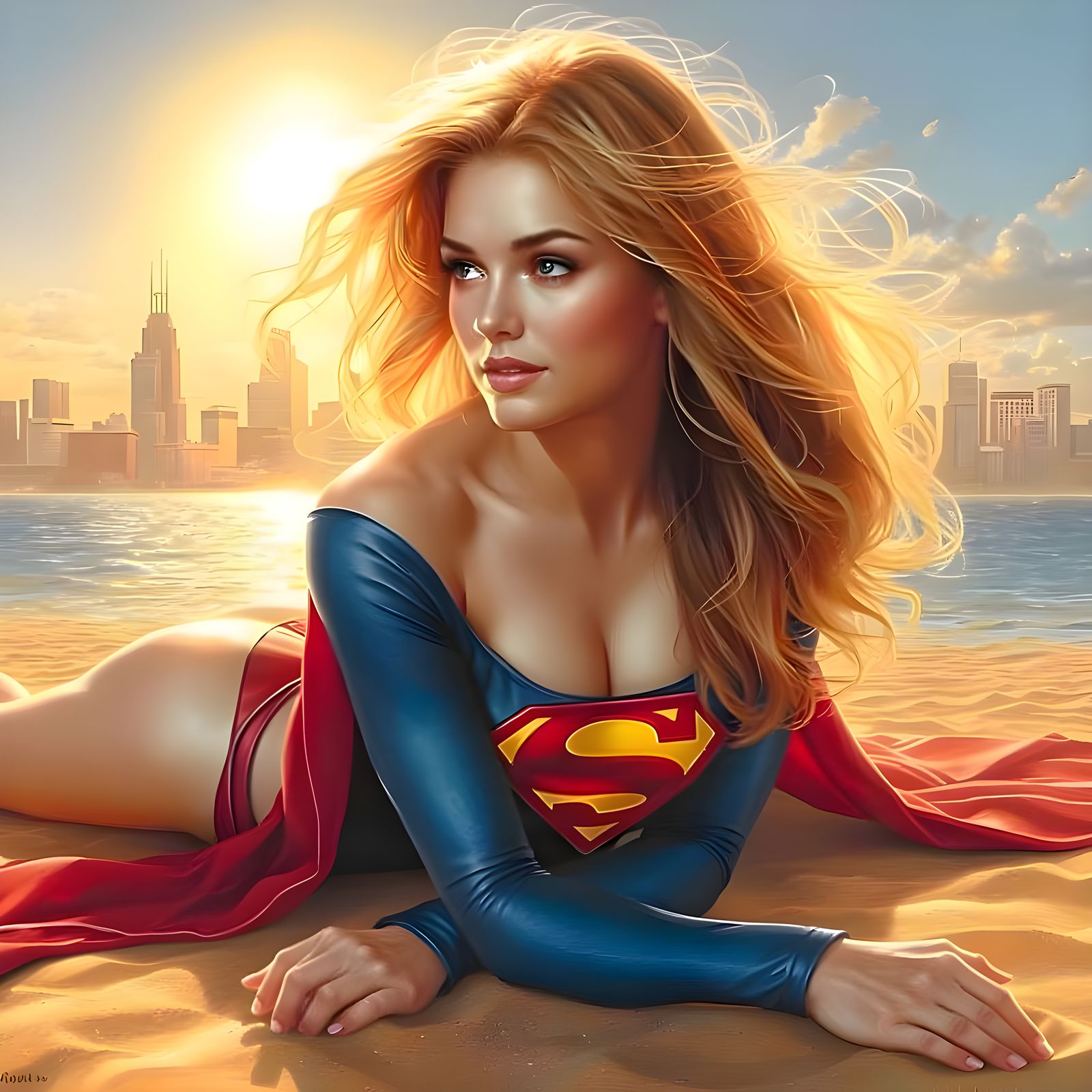 Supergirl Sunbathing on Metropolis Beach: Photorealistic Oil...