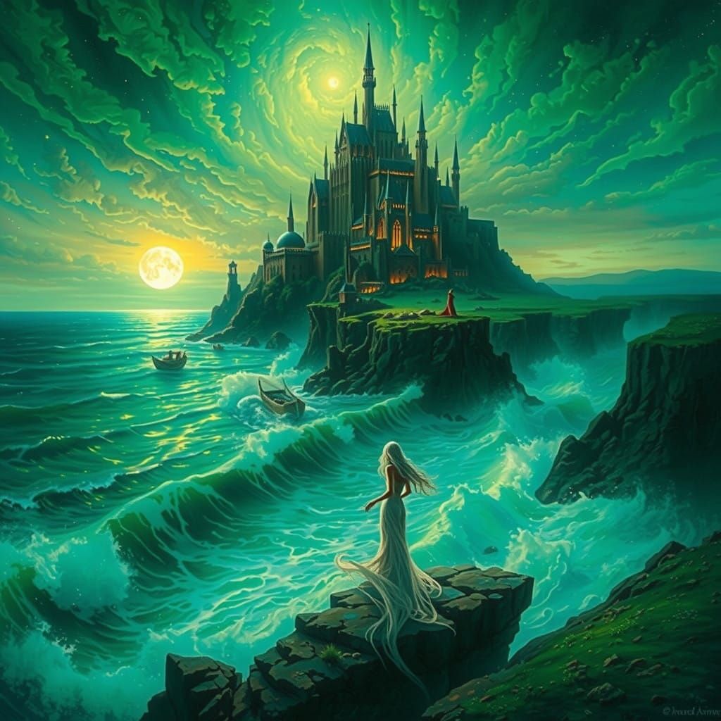 Ethereal Woman Astral Projecting Over Turquoise Sea with Got...