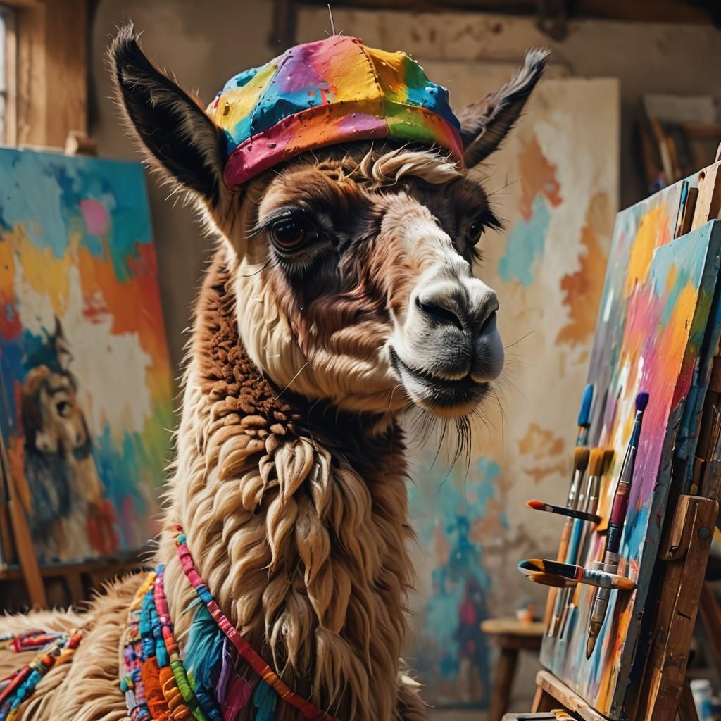 Llama Artist in Rustic Studio: Oil Painting