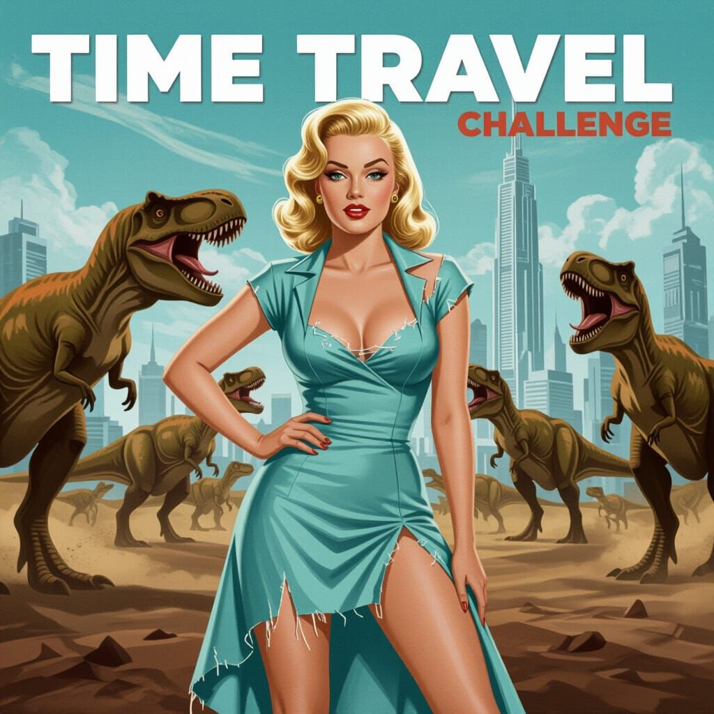 Blond Pin-Up in Dinosaur Stampede: Retrofuturism