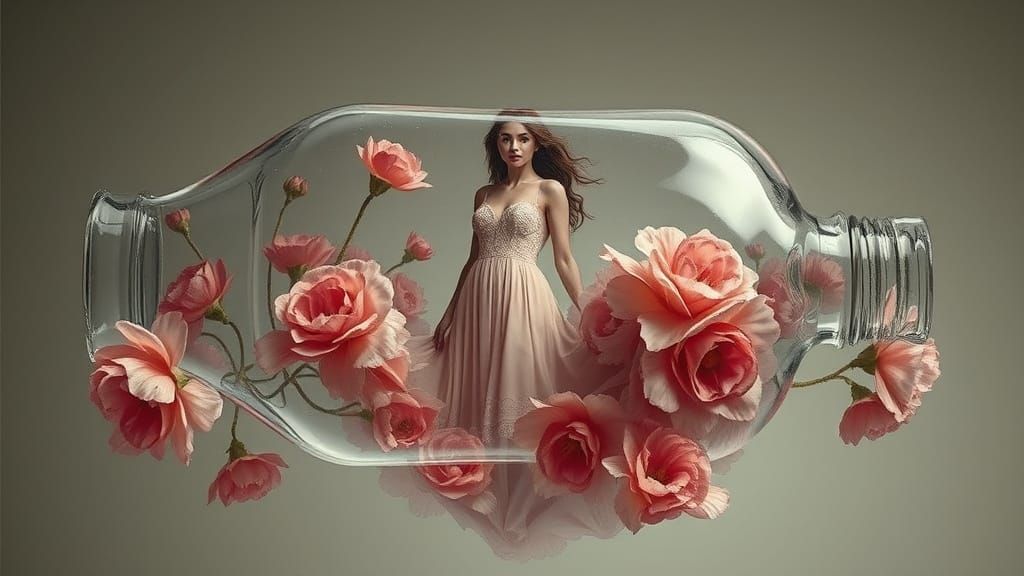 Surrealist Scene: Woman in Glass Bottle with Melting Flowers