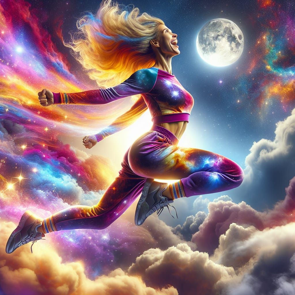 Radiant Warrior Woman Leaping from Clouds