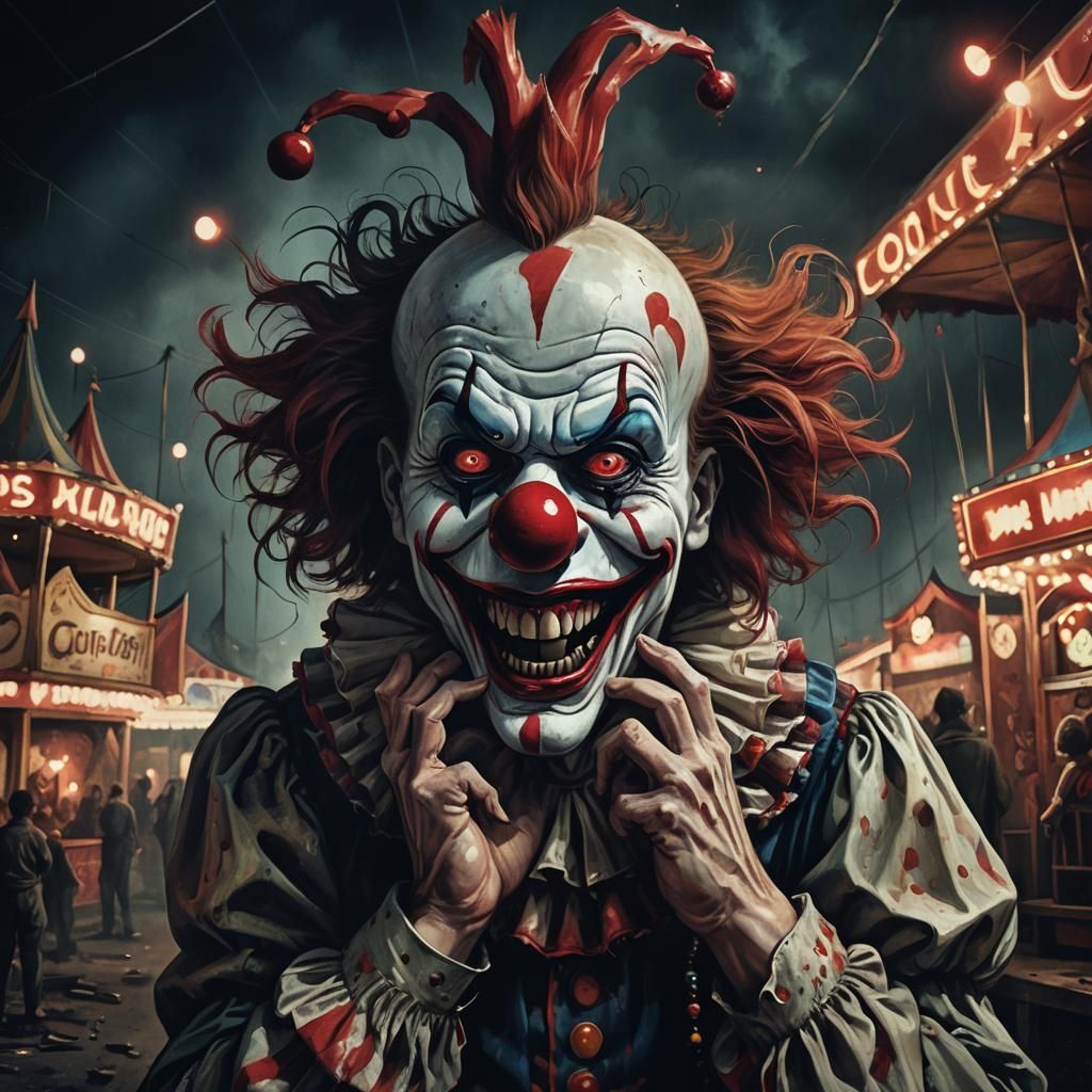 Terrifying Clown in Abandoned Carnival: Dark Fantasy Art