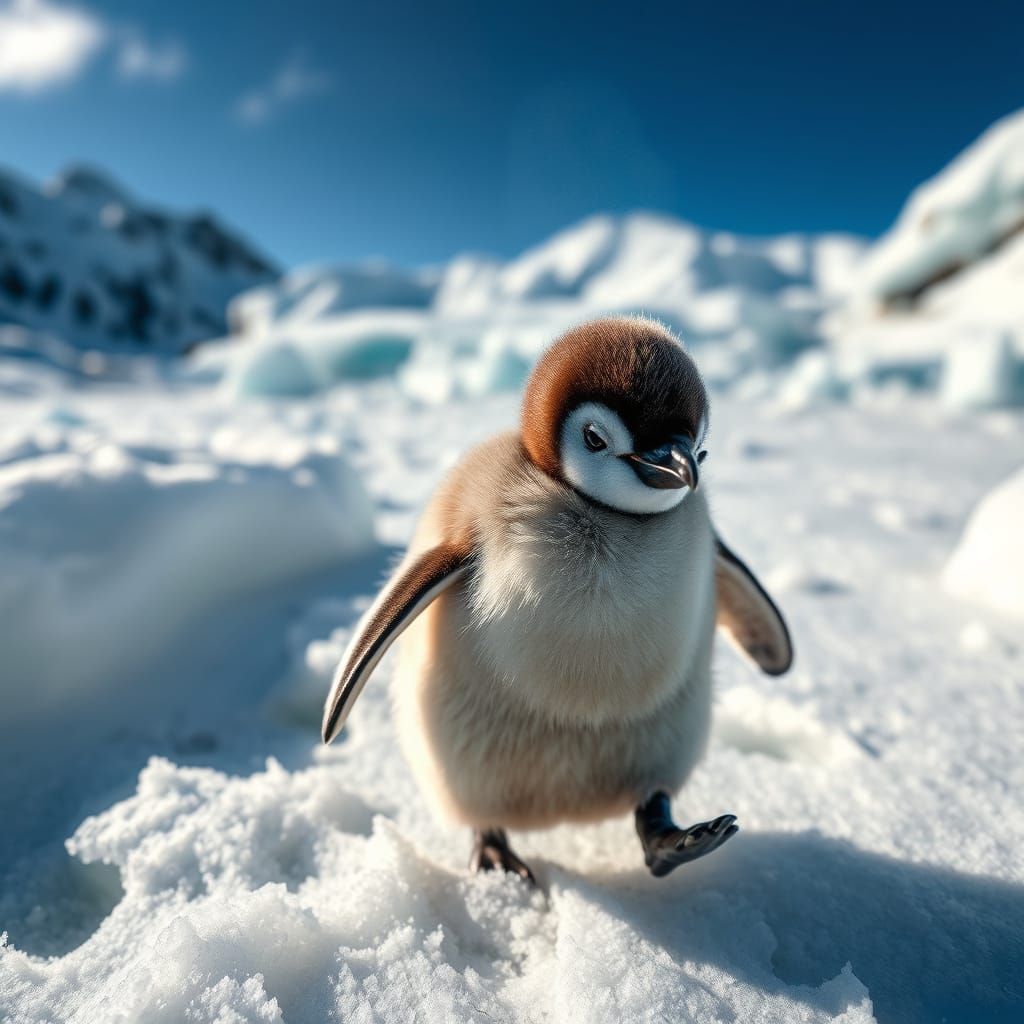 Gray Baby Penguin on Icy Antarctica Shores