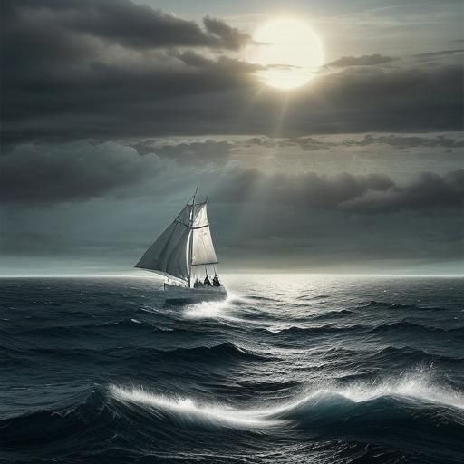 Husky on Sailboat at Sunset: Epic Digital Painting