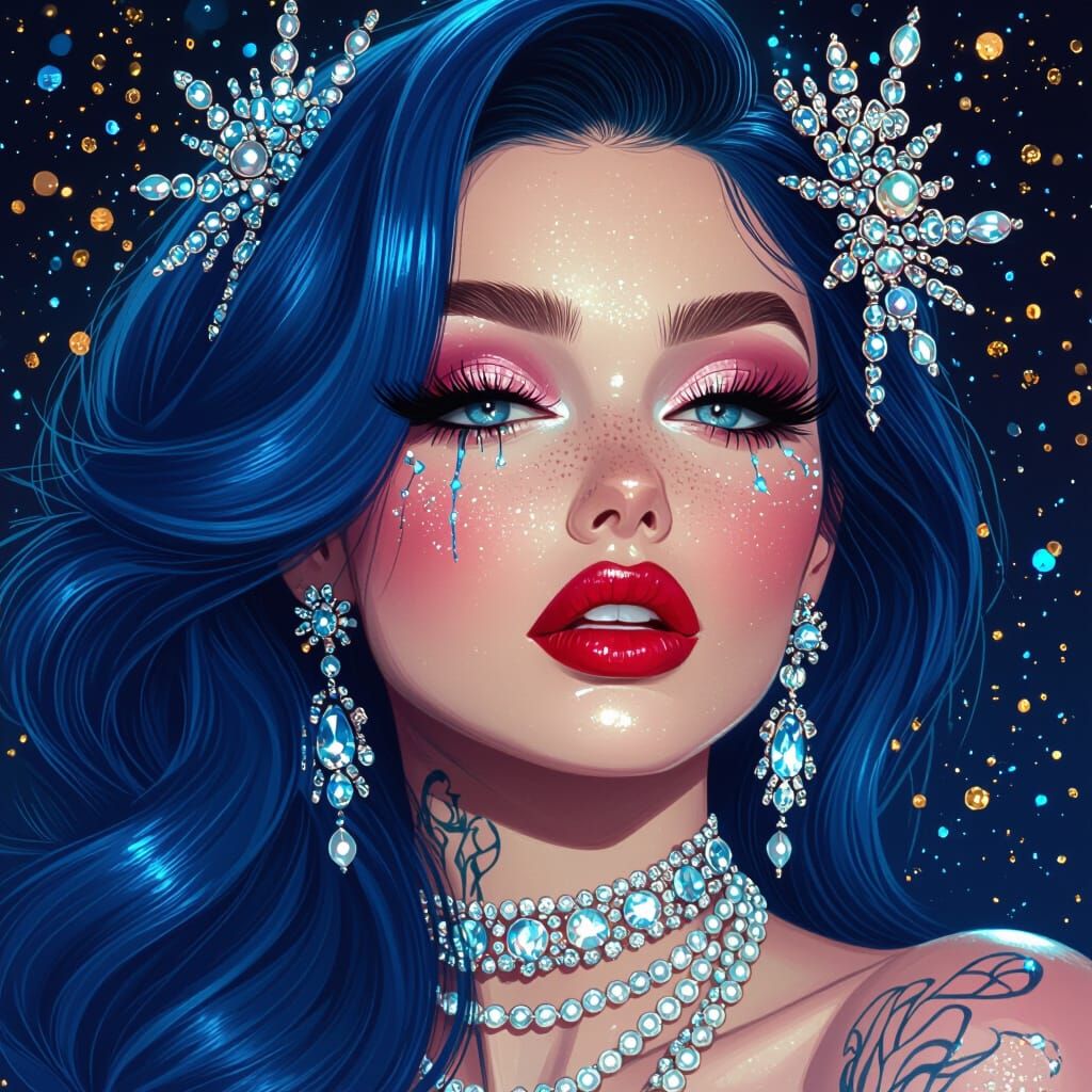 Sapphire Haired Woman with Avant-Garde Makeup