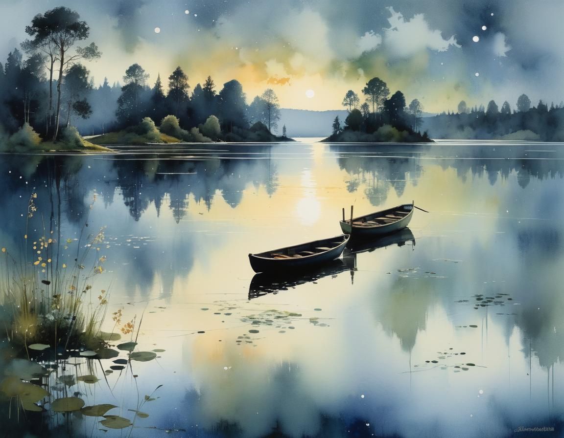Swedish Lake at Midsummer Night: Watercolor Painting