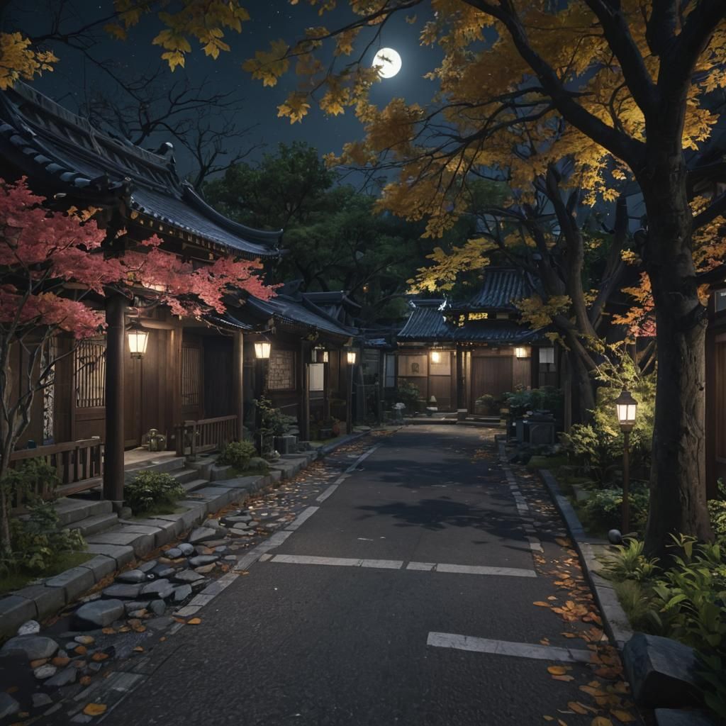 Nighttime Sci-Fi Japanese Village in Hyperrealism