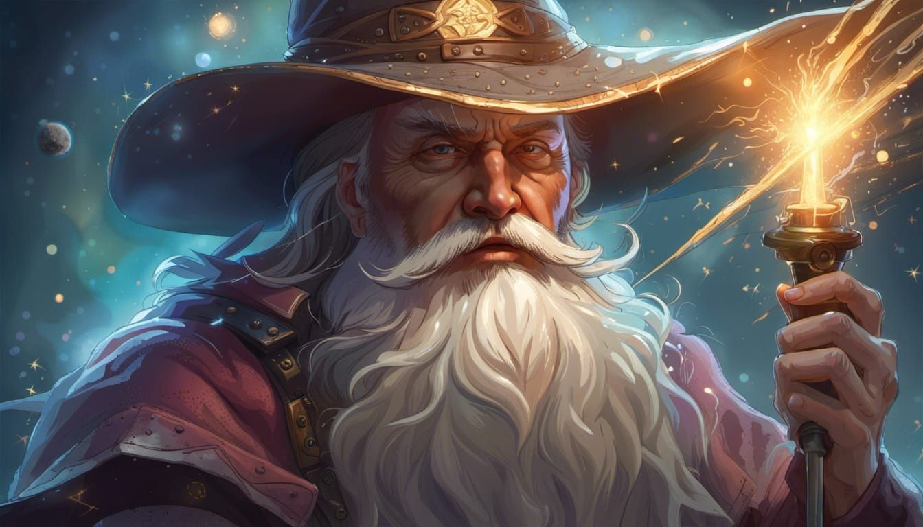 Wizard Casting Spell with Starry Background