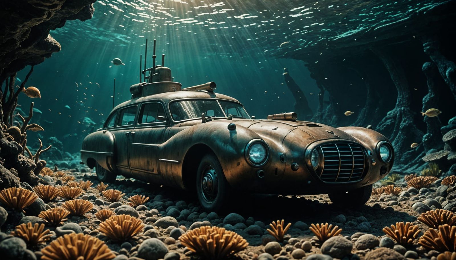 Steampunk Submarine Car Speeds Through the Dark Seabed in Vi...