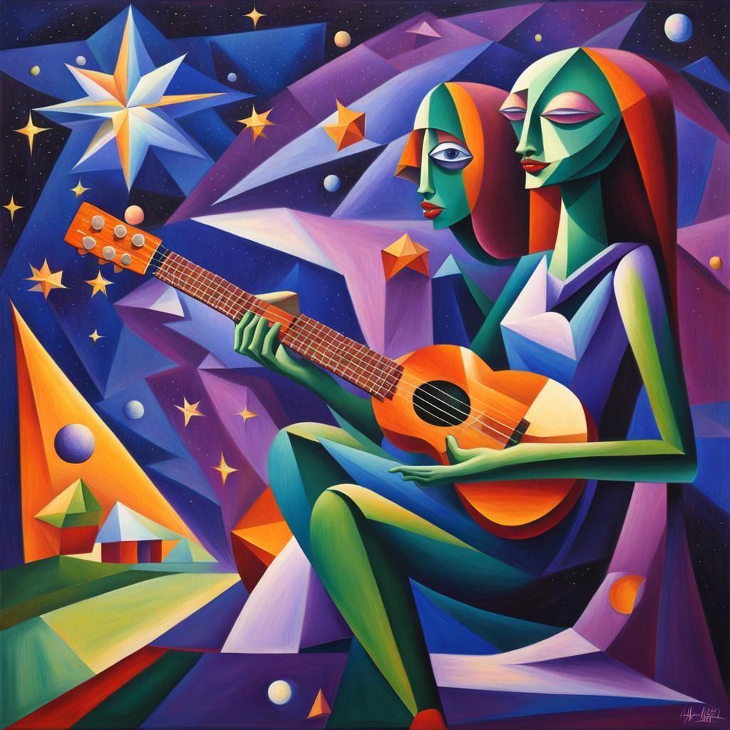 Cosmic Ukulele Musician in Cubist Galaxy