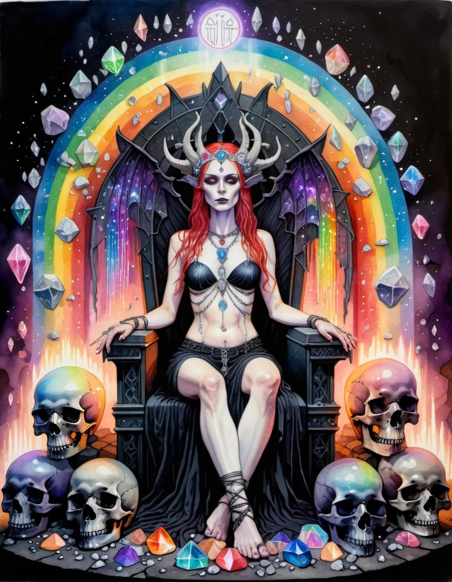 Gothic Goddess Lilith with Rainbow Crystals, Watercolour