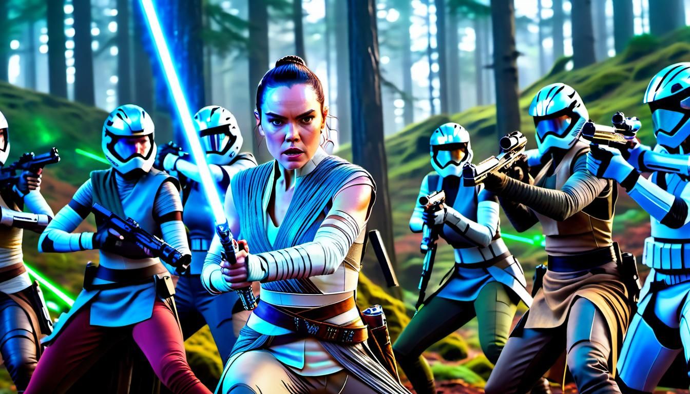 Rey Skywalker Prepares for Battle: Holographic Sci-Fi