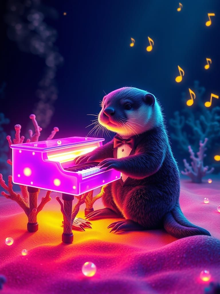 Surreal Sea Otter Conductor in Neon Tuxedo Plays Glowing Pia...