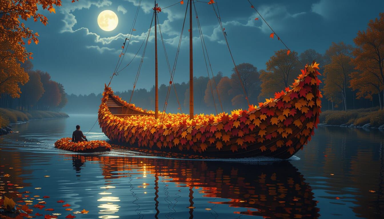 Colossal Autumn Leaf Boat on Moonlit River