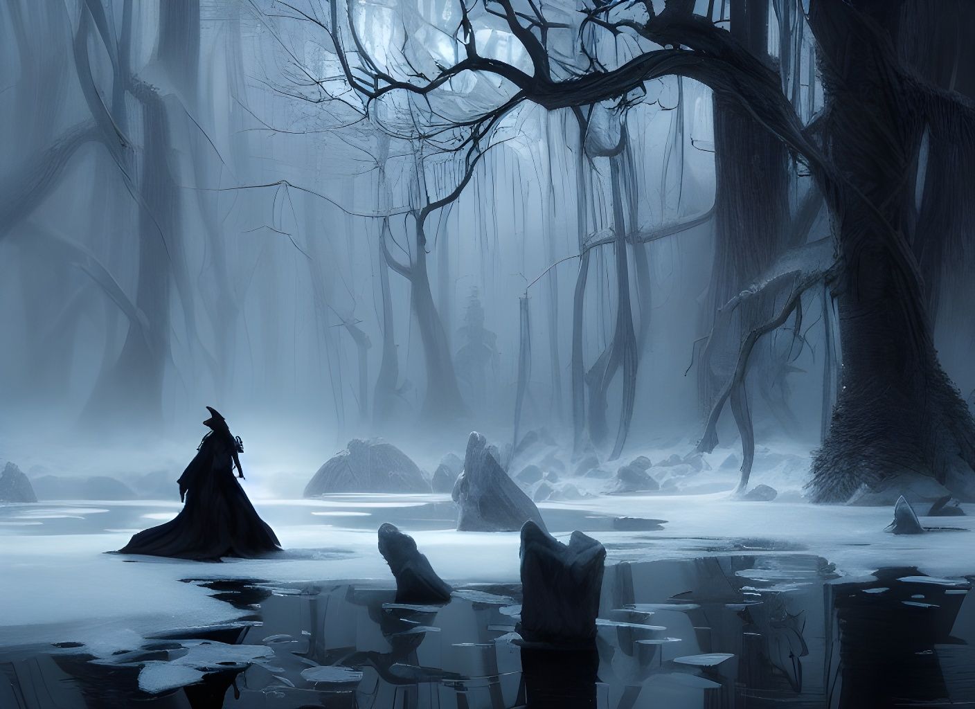Magical Ice Swamp at Night: Fantasy Illustration