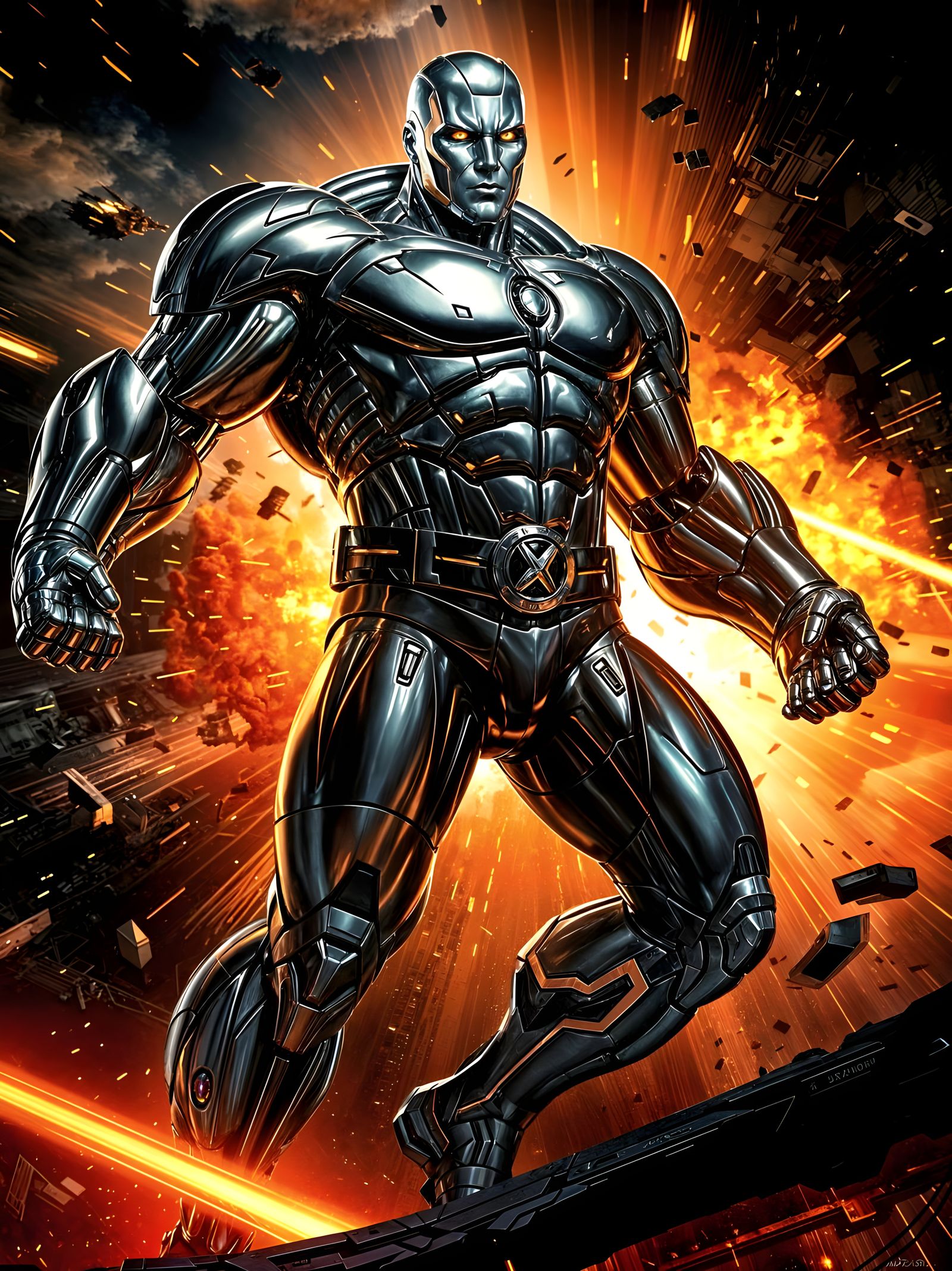 Chrome Colossus in Epic Battle Scene, Digital Art