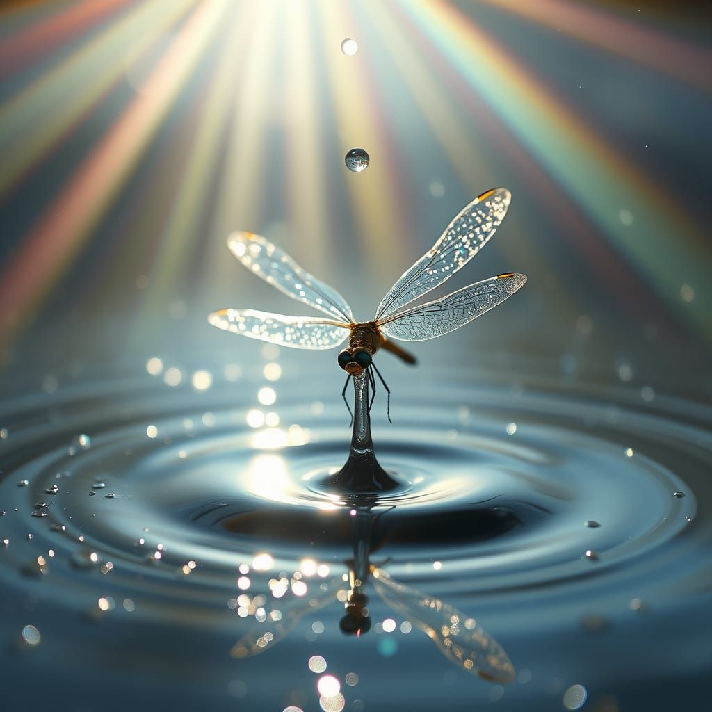 Dragonfly Emerges from Splashing Puddle in Vibrant Macro Pho...