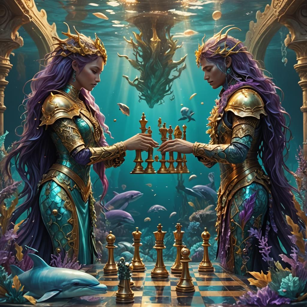 Underwater Chess Game with Dolphin-Headed Humanoids