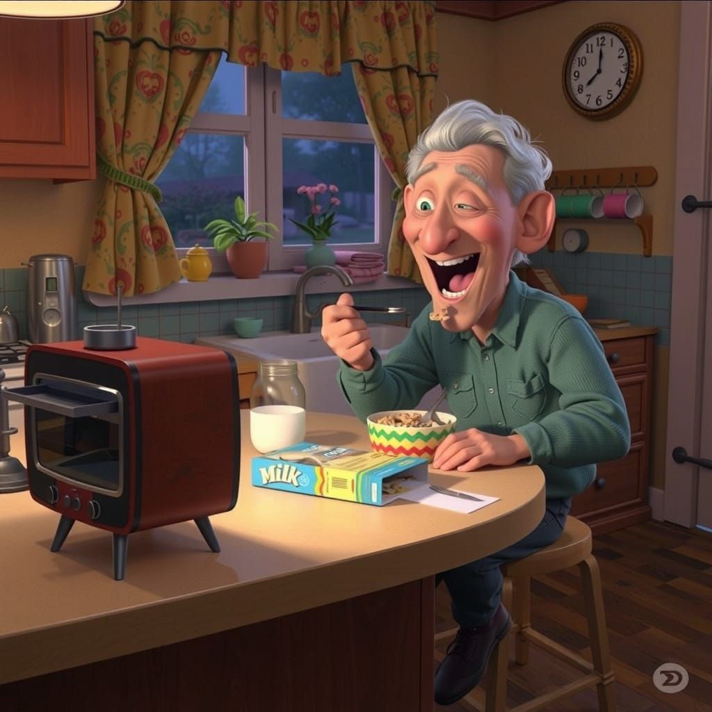 Delightful Elderly Man Enjoys Cereal, Pixar Style