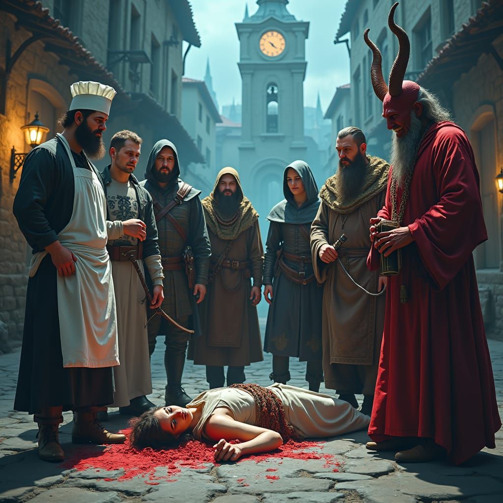 Fantasy Figures Find a Body Near Clock Tower