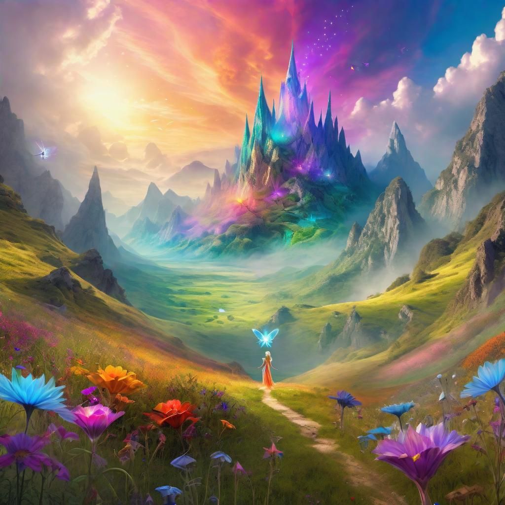 Dreamlike Fairy in Magical Meadow, Digital Matte Painting