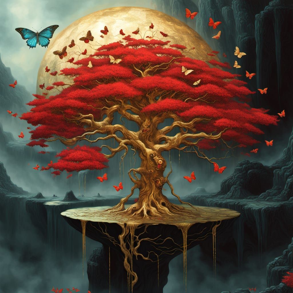 Golden Biomechanical Tree Blooms in Art Nouveau Style