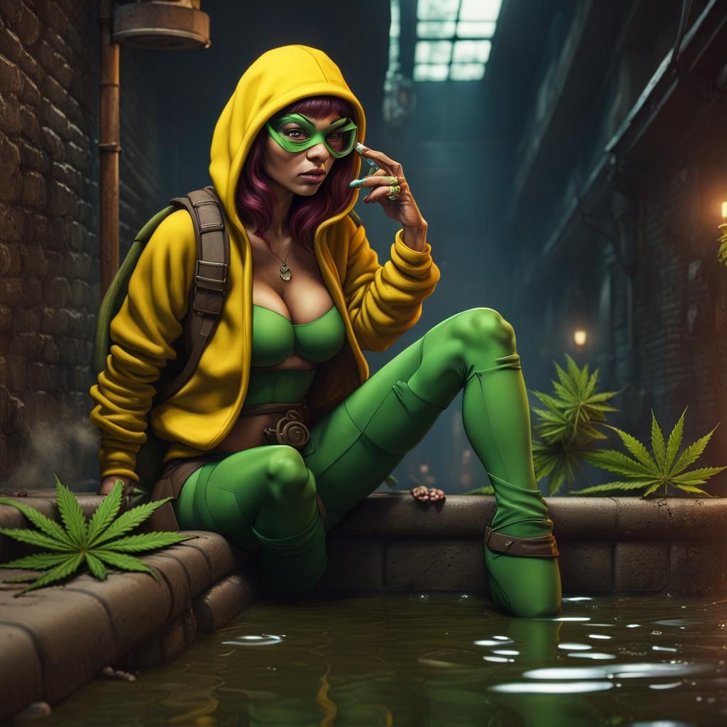 Ninja Turtles and April O'Neil in Sewer, Detailed Painting