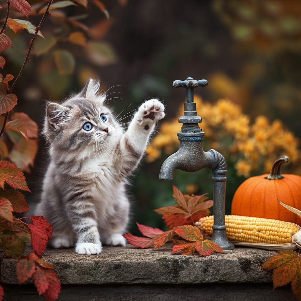 Kitten Reaching Faucet in Autumn Garden